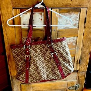 NY Collection Tan & Burgundy Houndstooth Shoulder Tote